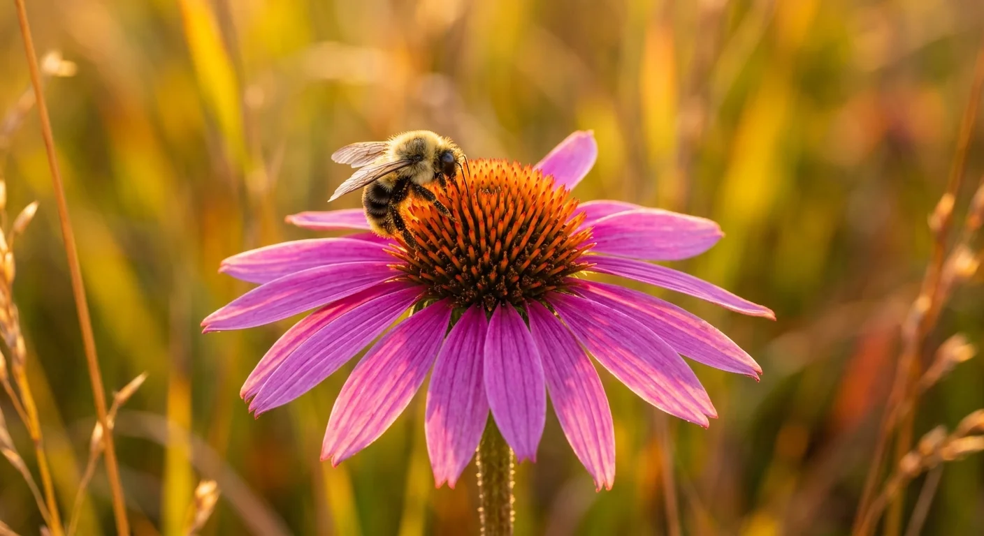 A detailed close-up photo of a purple coneflower with a bumblebee on its orange center in warm golden-hour light.