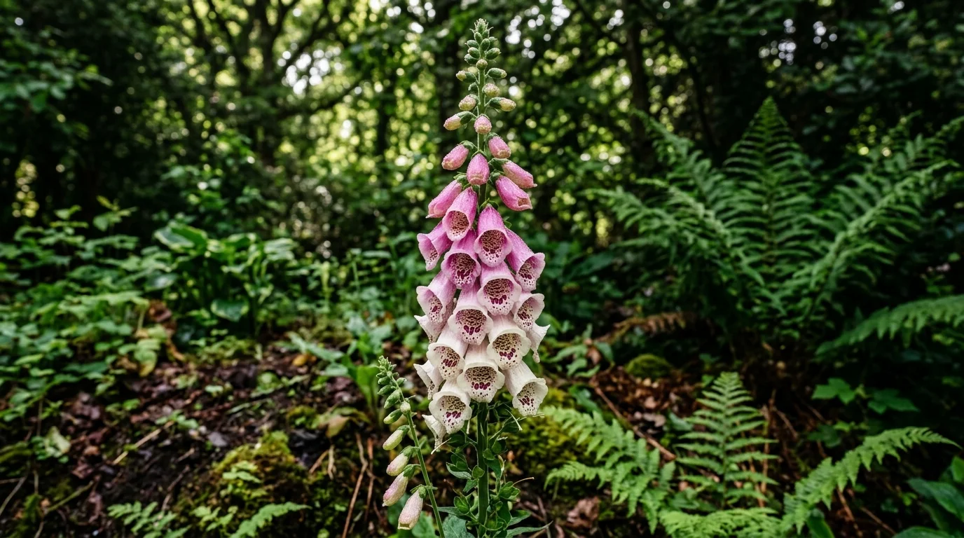 A detailed, low-angle shot of a tall pink foxglove flower spike blooming in a shaded woodland garden.