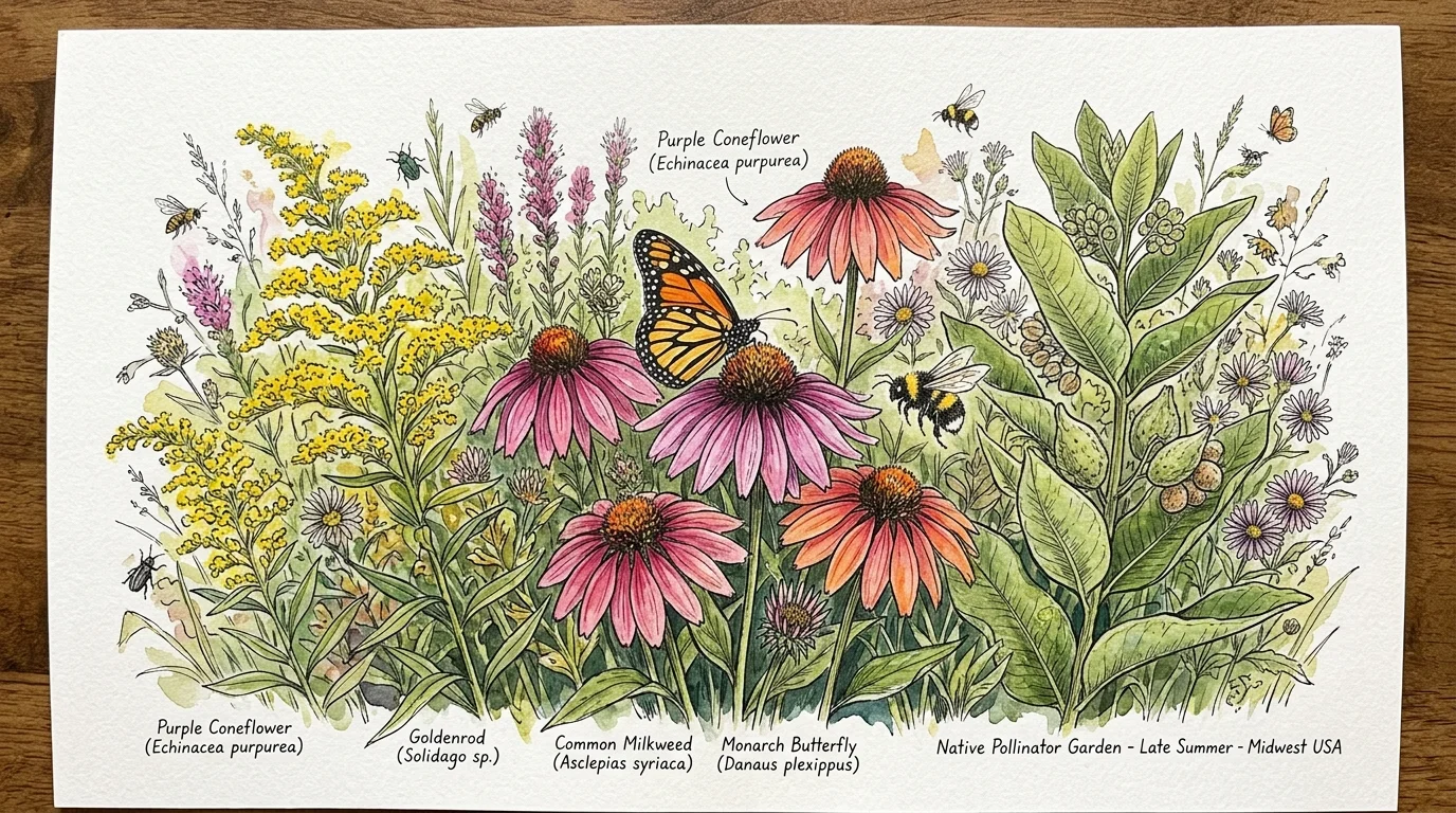 A detailed watercolor sketch of native wildflowers, featuring purple coneflower and milkweed, with a monarch butterfly and bumblebee.