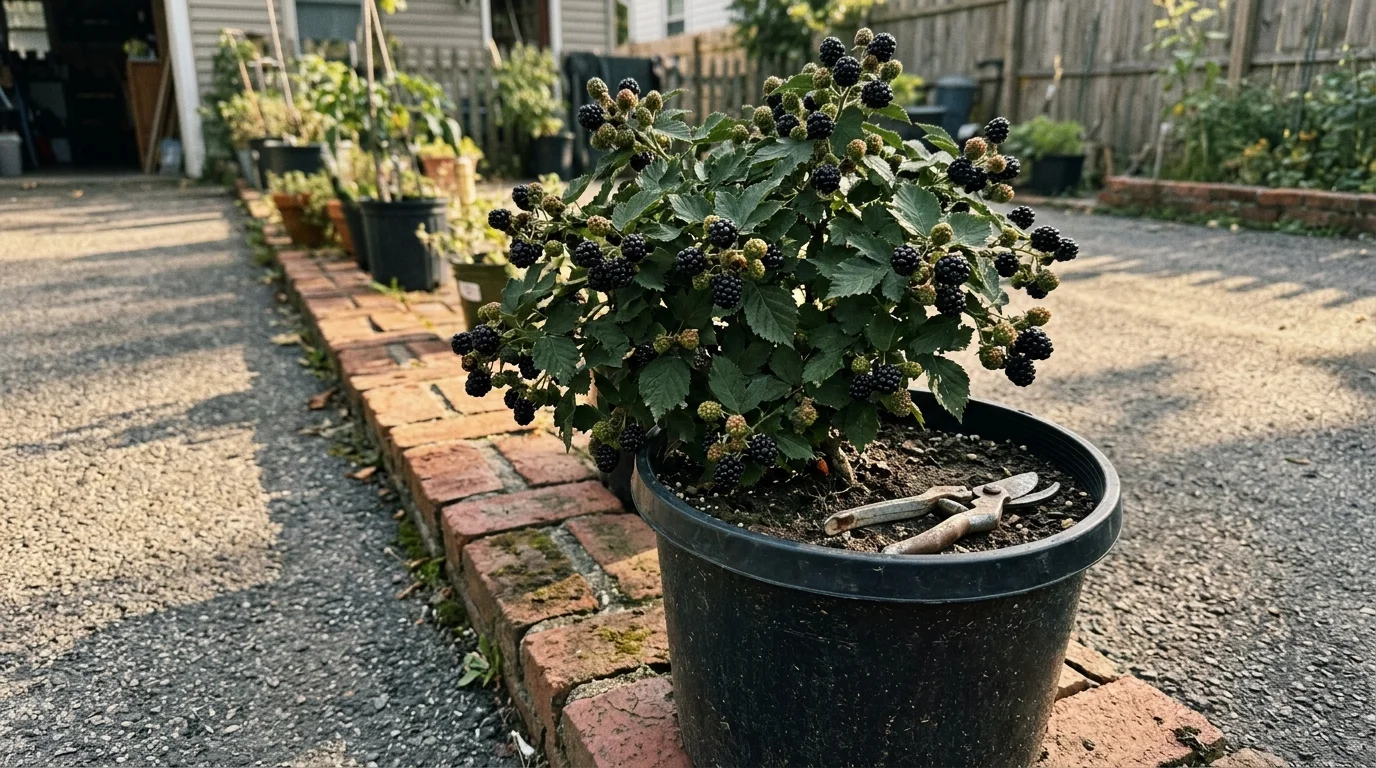 A documentary-style photo of a compact Baby Cakes blackberry bush loaded with glossy black fruit on a brick driveway border.