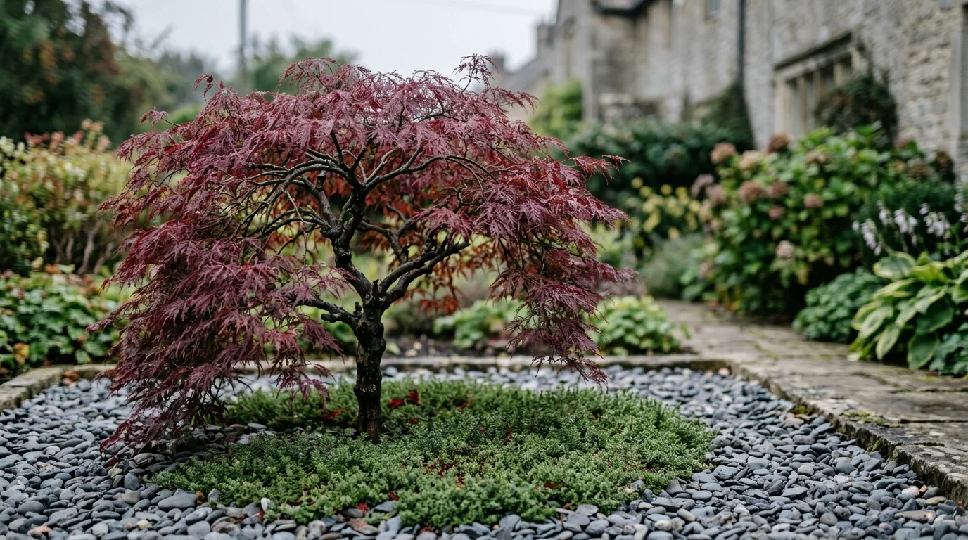 A weeping red Japanese maple tree planted in a gravel garden bed surrounded by lush green foliage and stone pathways.