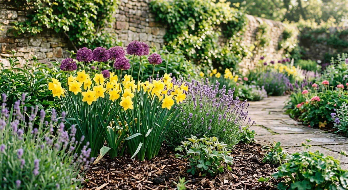 A flourishing, undamaged late-spring cottage garden filled with golden daffodils, purple alliums, and lavender in soft morning light.
