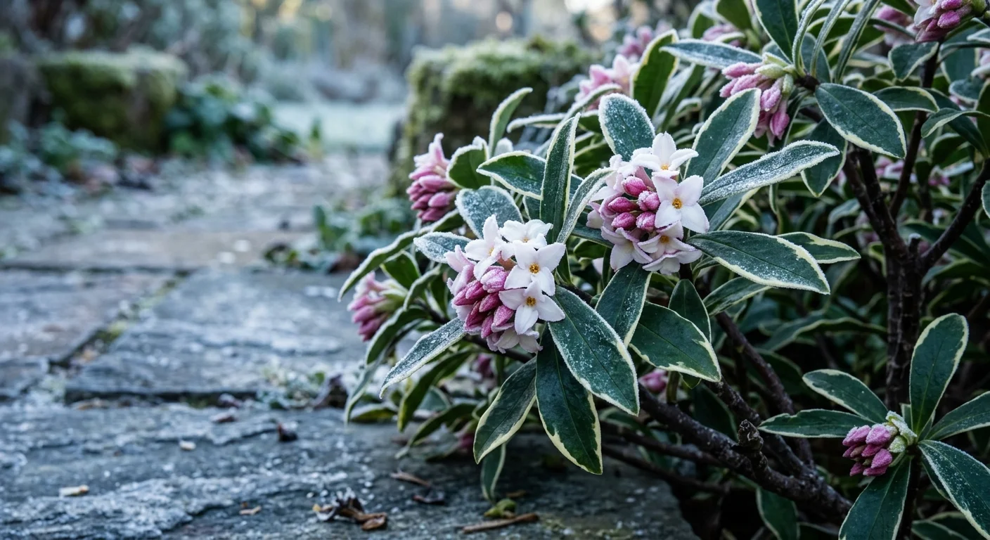 A frosty close-up photograph of pink and white winter daphne flowers with yellow-edged leaves on a cold stone patio morning.