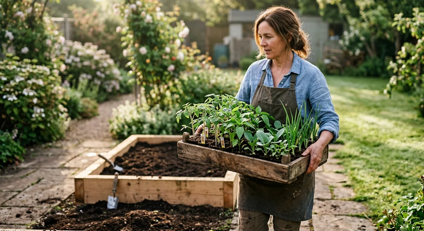 A gardener carrying a wooden tray filled with healthy green tomato, pepper, and onion seedlings toward a backyard garden bed.