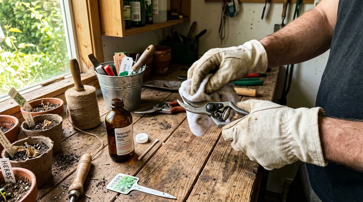 A gardener cleans metal bypass pruning shears with a cloth and isopropyl alcohol on a rustic wooden garden workbench.