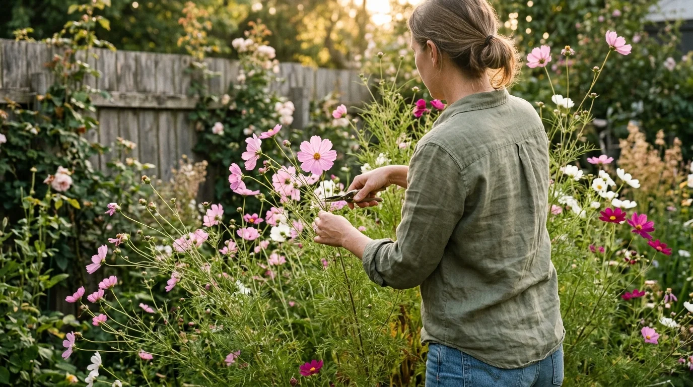 A gardener harvesting delicate pink cosmos flowers from a tall, wispy garden bed in warm evening light.
