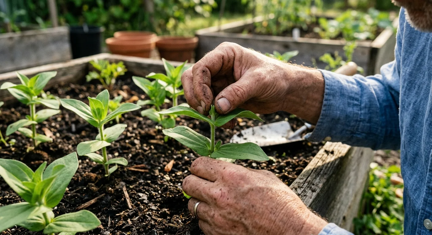 A gardener's hands gently pinching the terminal bud off a young zinnia plant in a sunlit raised bed to encourage stronger, lower branching.