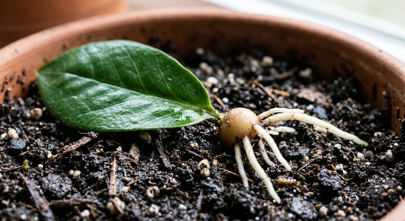 A glossy ZZ plant leaf cutting showing a small round potato-like rhizome and thick white roots growing into soil.