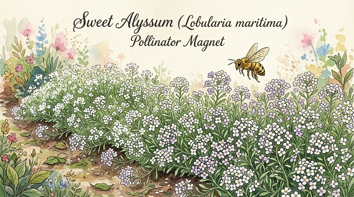 A gouache illustration of tiny white and lavender sweet alyssum flowers forming a dense carpet, with a honeybee hovering.
