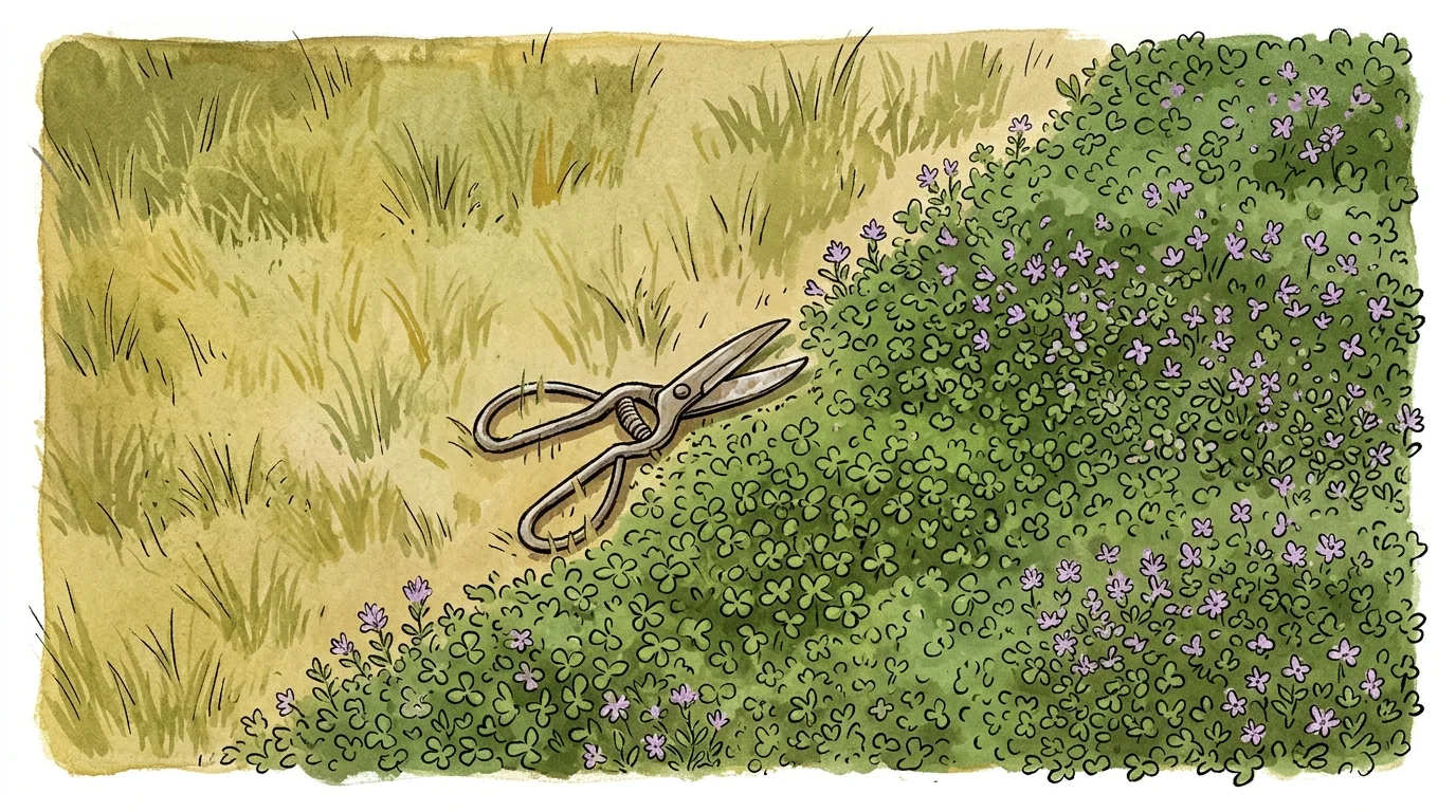 A gouache illustration showing a dry grass lawn transitioning into a lush, green carpet of blooming micro-clover and creeping thyme.