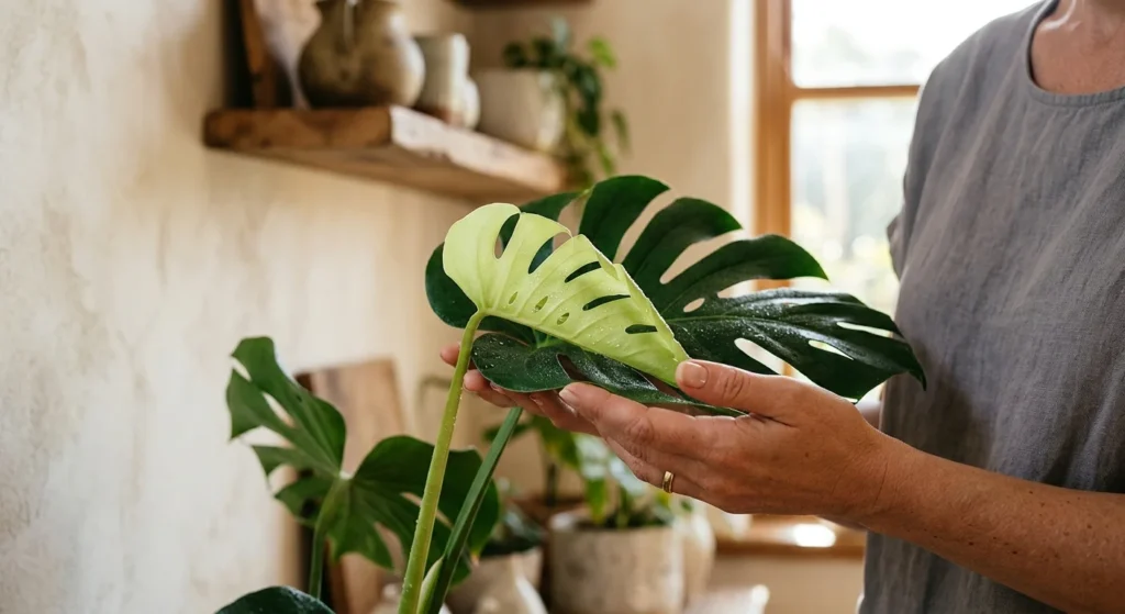 A hand gently supports a fresh, unfurling light-green leaf on a recovering monstera plant.