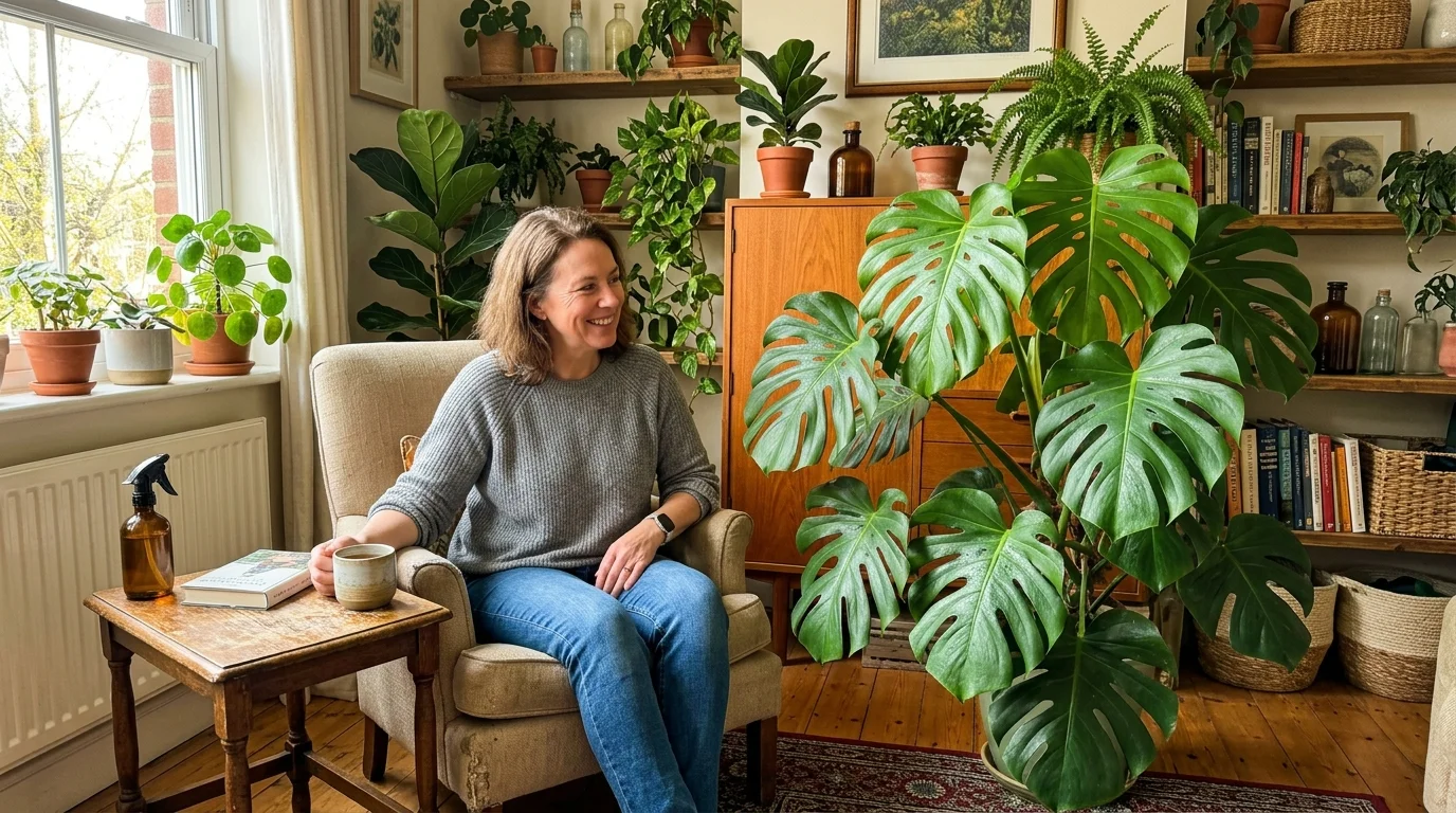 A happy gardener sitting in a cozy living room, admiring a thriving, healthy green houseplant.