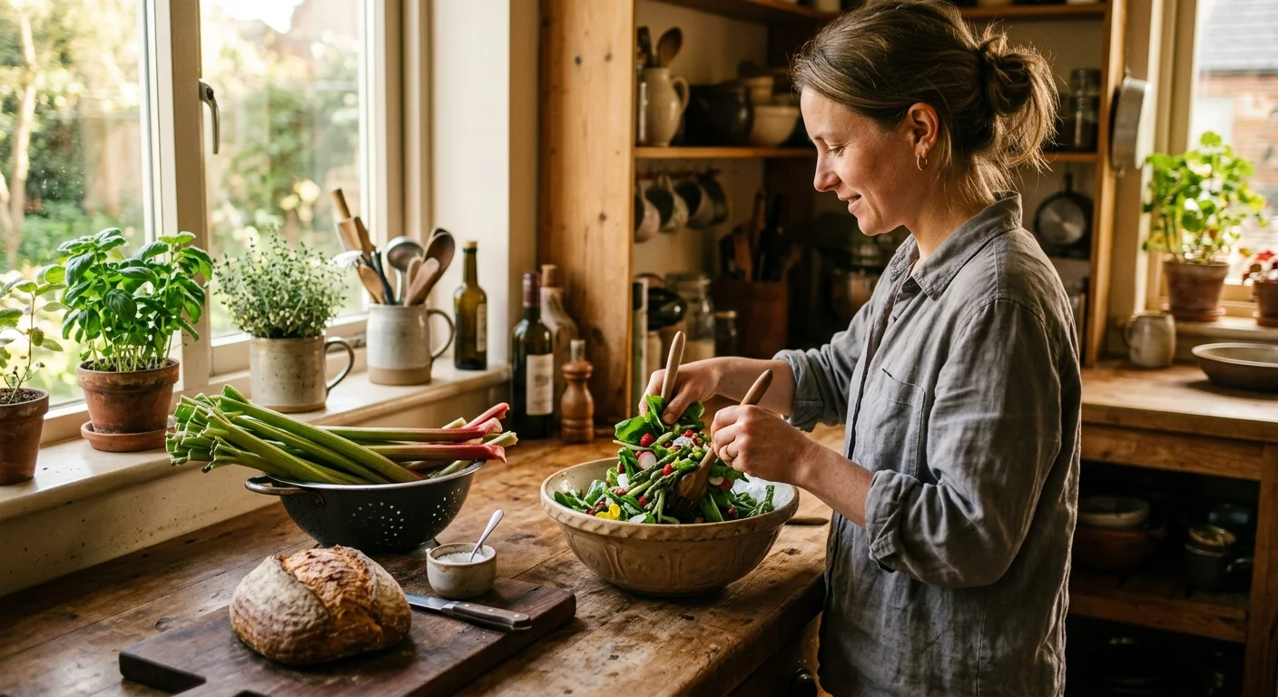 A home cook preparing a fresh salad with harvested perennial greens and strawberries in a warm, sunlit kitchen.