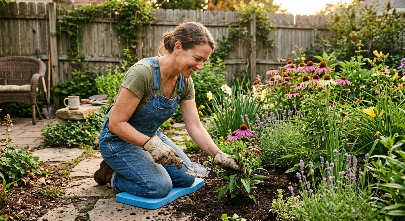 A home gardener smiling down at her lush, thriving deer-resistant flower bed during a warm golden hour afternoon.