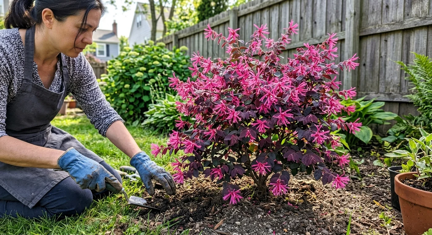 A homeowner planting a purple-leafed Chinese Fringe Flower shrub with bright pink blooms in a sunny garden bed.