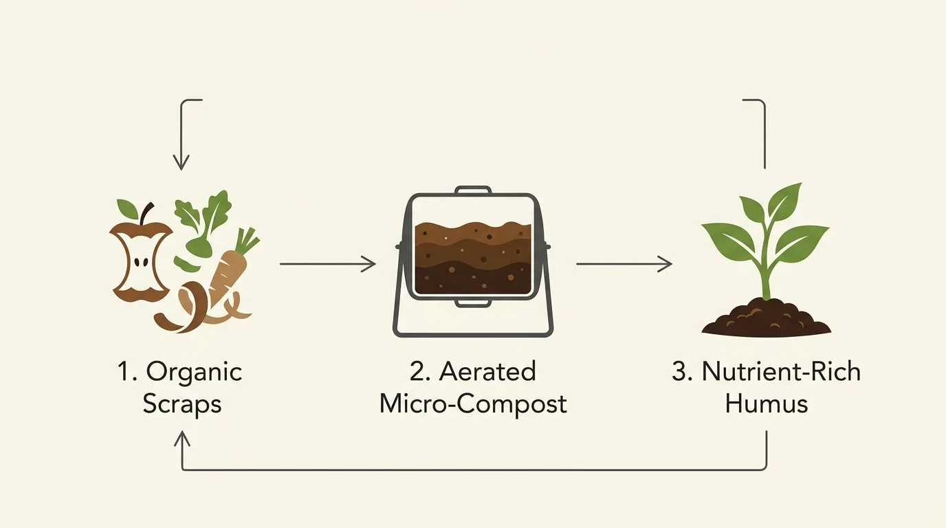A horizontal minimalist diagram showing the three steps of composting: kitchen scraps, the compost bin, and nutrient-rich soil.