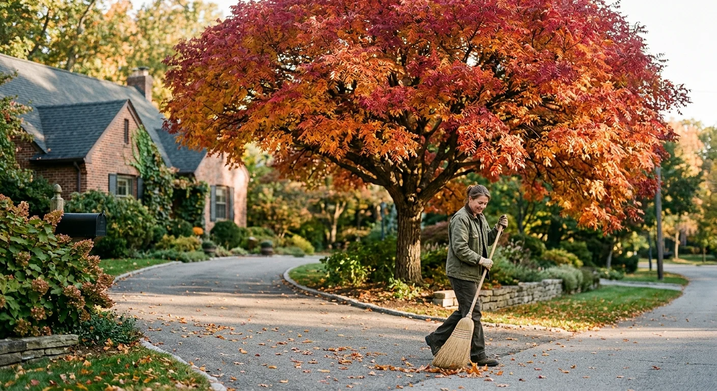 A large Chinese Pistache tree with a vibrant orange and crimson canopy next to a residential driveway in autumn light.