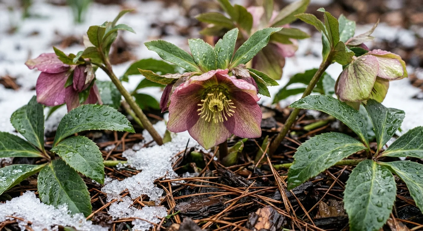 A low-angle photo of pink and plum-colored hellebore flowers blooming through patches of melting spring snow.