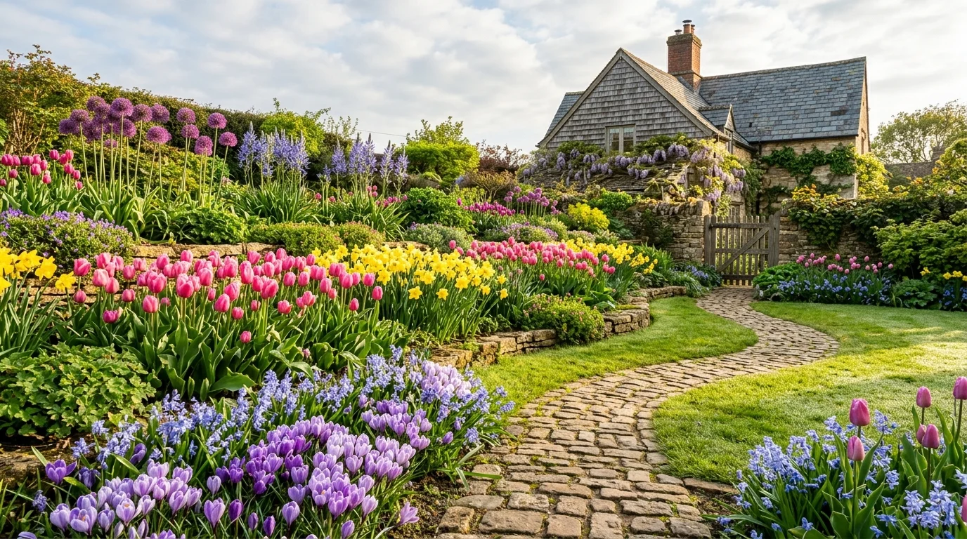 A lush, layered spring garden in full bloom with tulips, daffodils, alliums, and crocuses along a cobblestone path.