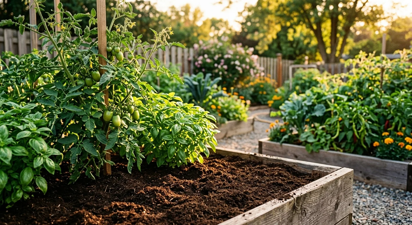 A lush, thriving backyard garden bed with rich, dark, loose soil and healthy green plants in warm golden light.