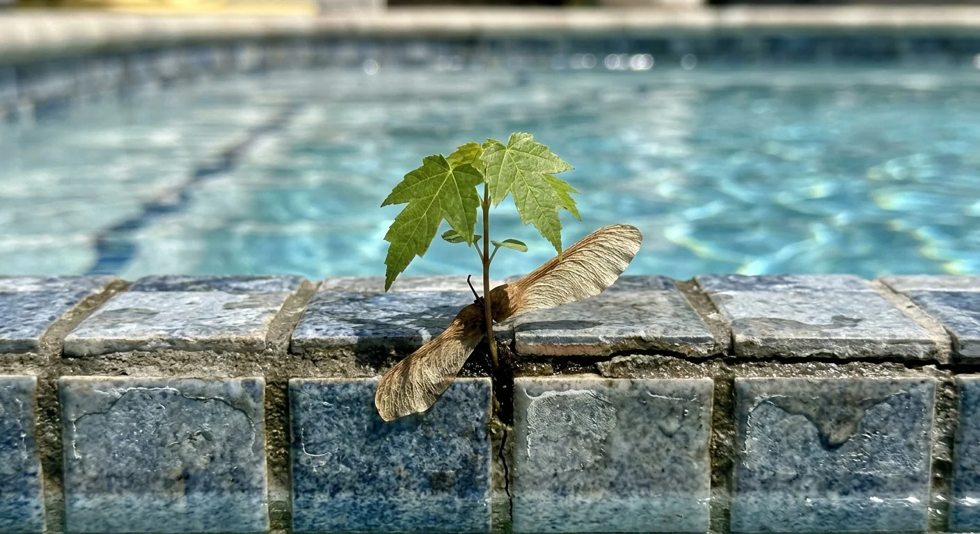 A macro photograph of a tiny silver maple seedling sprouting directly out of a small crack in pool tile grout.
