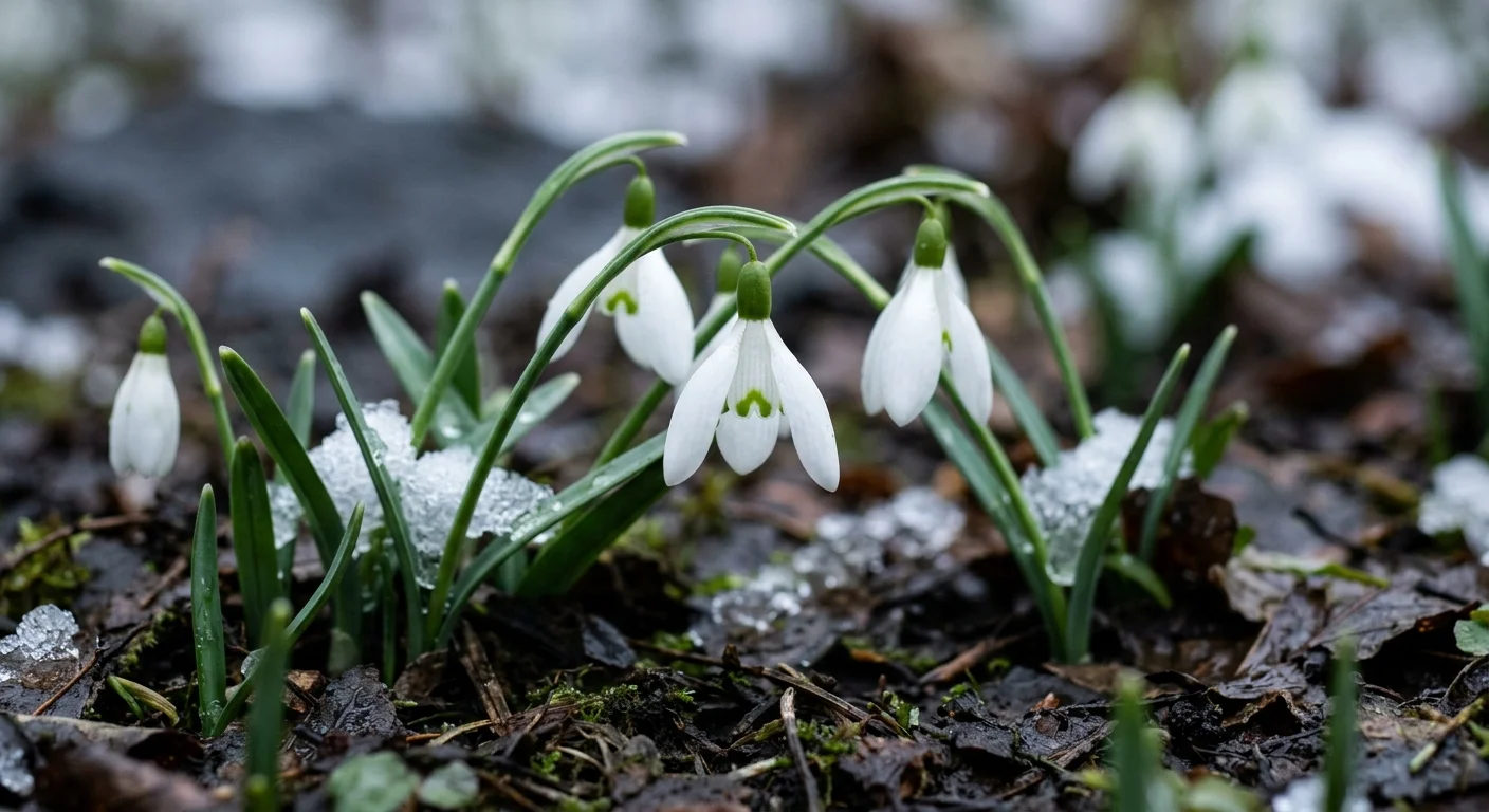 A macro photograph of delicate white snowdrop flowers blooming in damp soil amidst patches of melting snow.