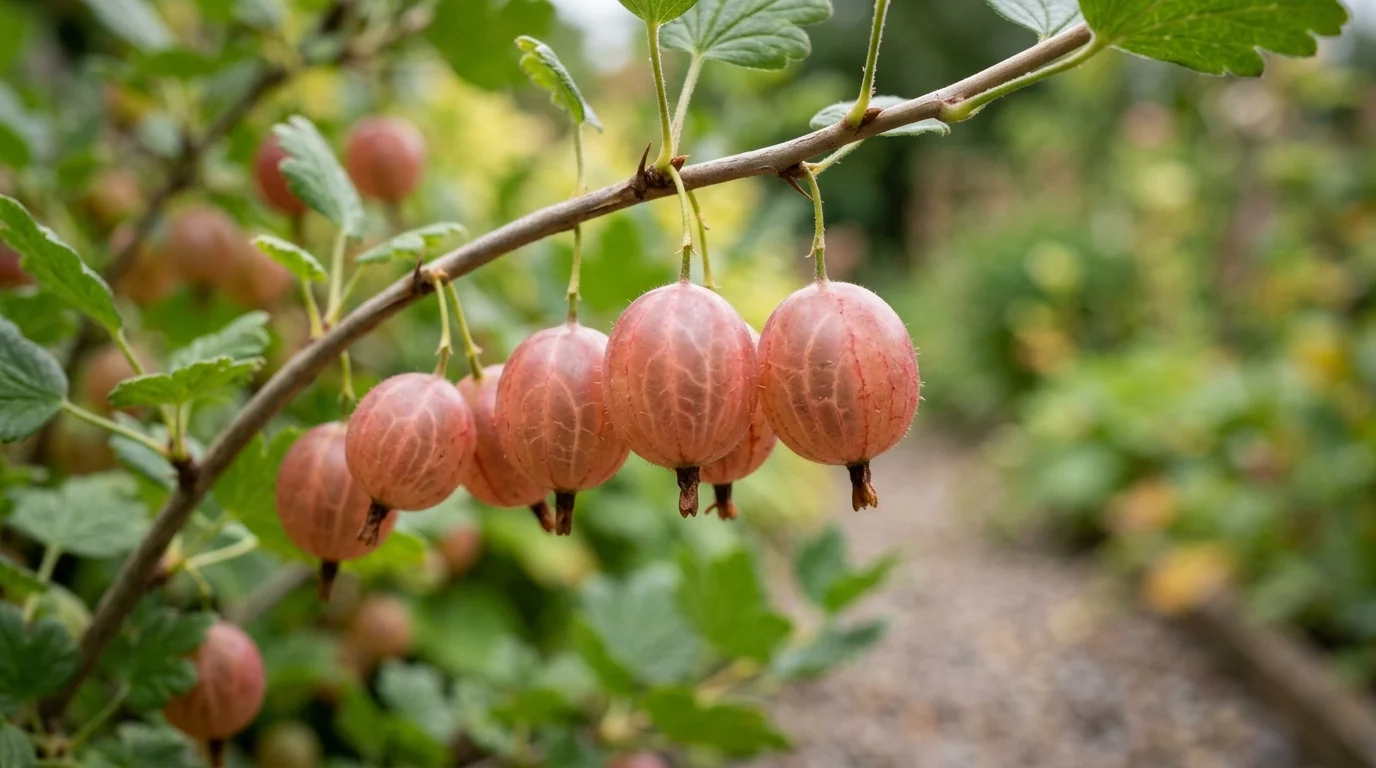 A macro photograph of translucent, pinkish-red Captivator gooseberries hanging on a branch in soft light.