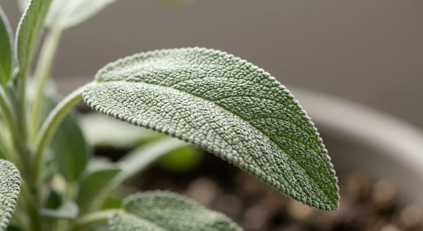 A macro photograph showing the velvety texture and silver hairs of a fresh sage leaf.