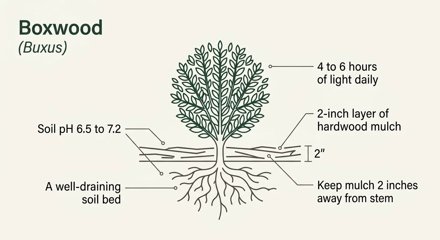 A minimalist botanical diagram showing planting instructions for a boxwood shrub, including soil pH, mulch depth, and sunlight needs.