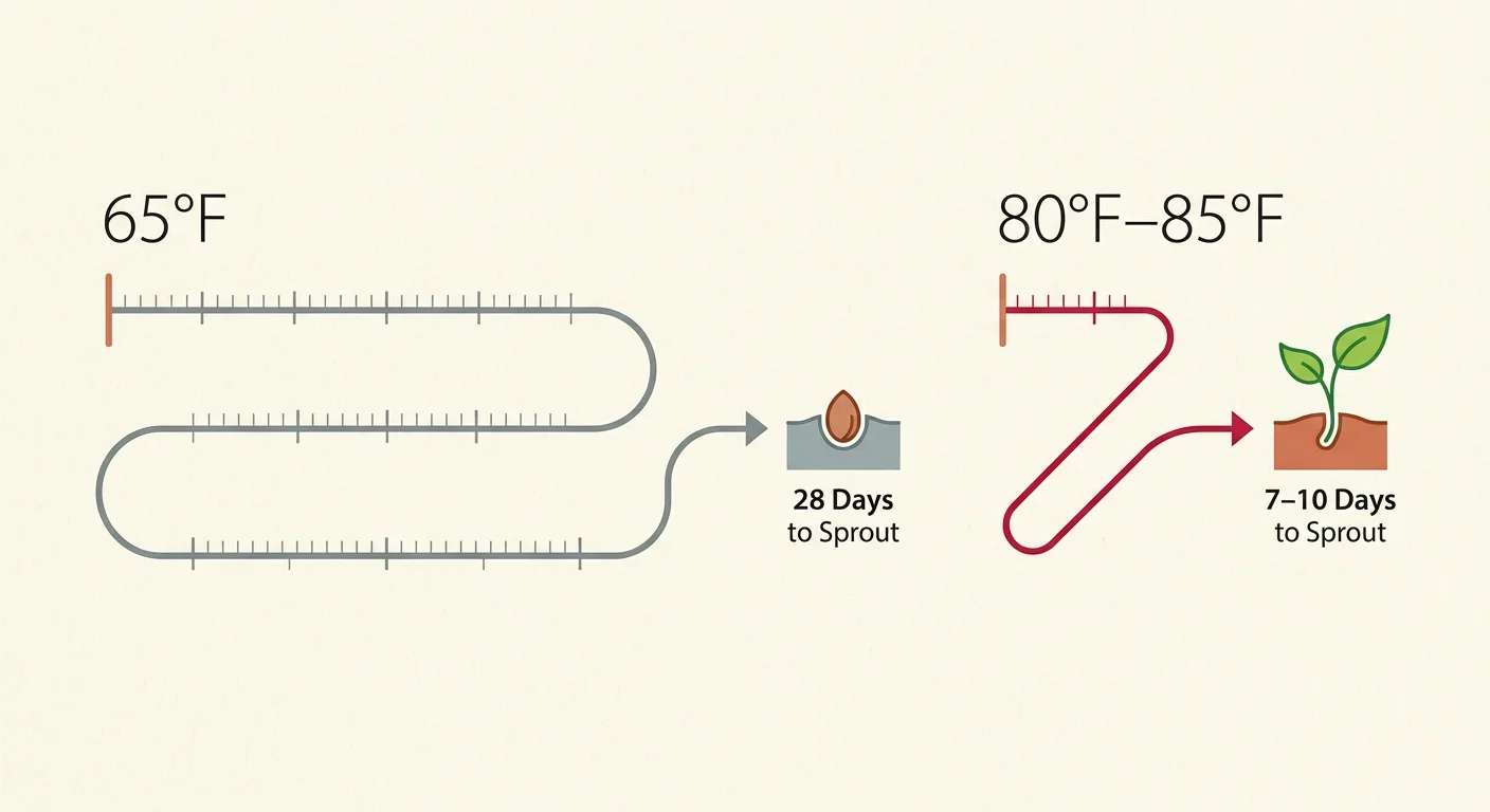 A minimalist diagram comparing pepper seed germination: 65°F soil takes 28 days, while 80°F–85°F soil sprouts in 7–10 days.