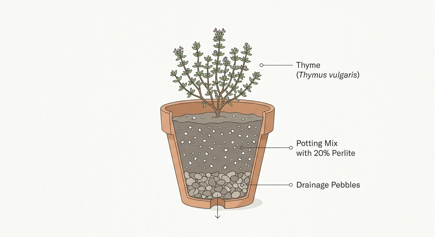 A minimalist diagram showing a cross-section of a potted thyme plant with labeled drainage and soil layers.