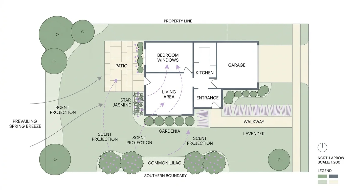 A minimalist garden plan diagram showing the strategic placement of fragrant plants around a home.