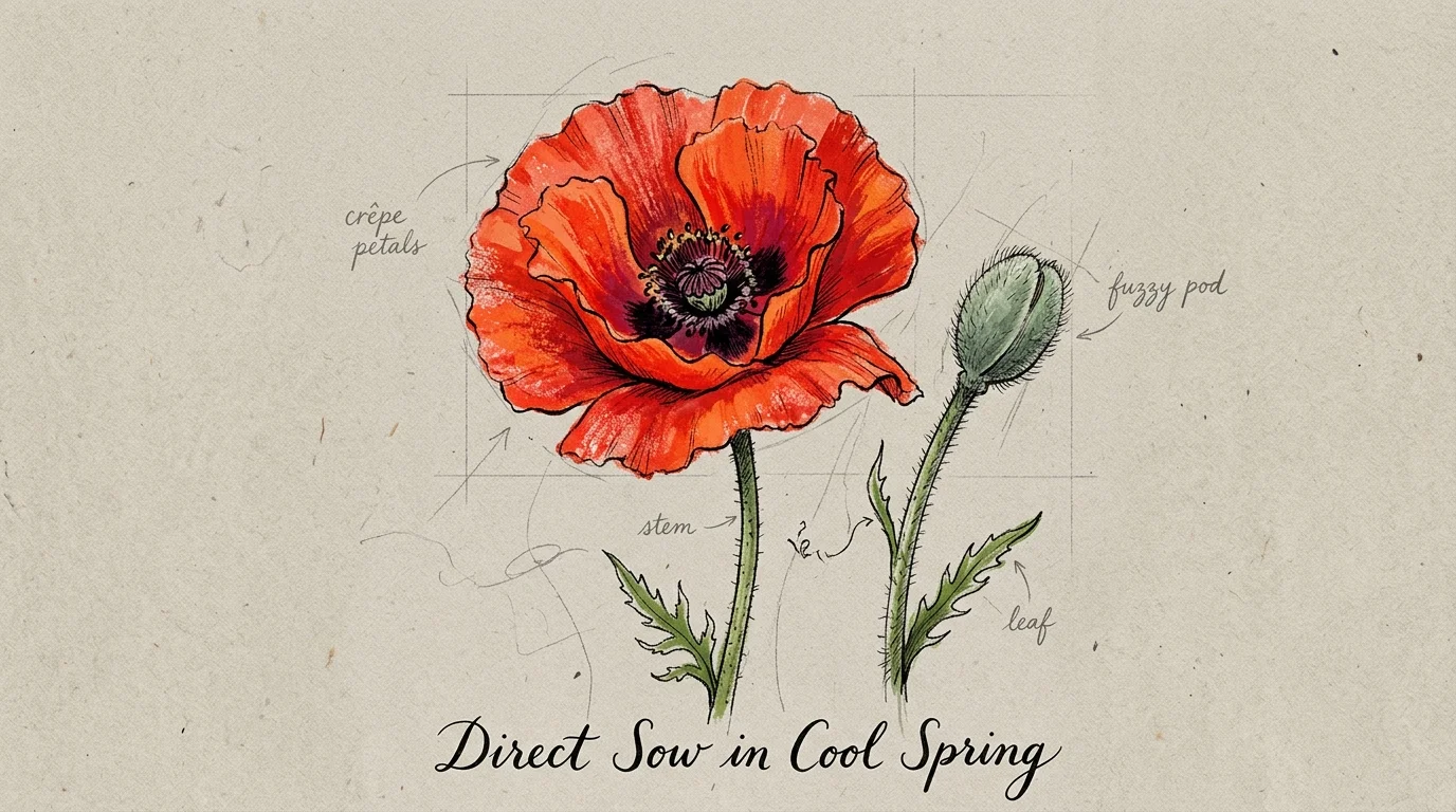A minimalist gouache illustration of a bright scarlet red poppy with a fuzzy green pod and hand-painted text.