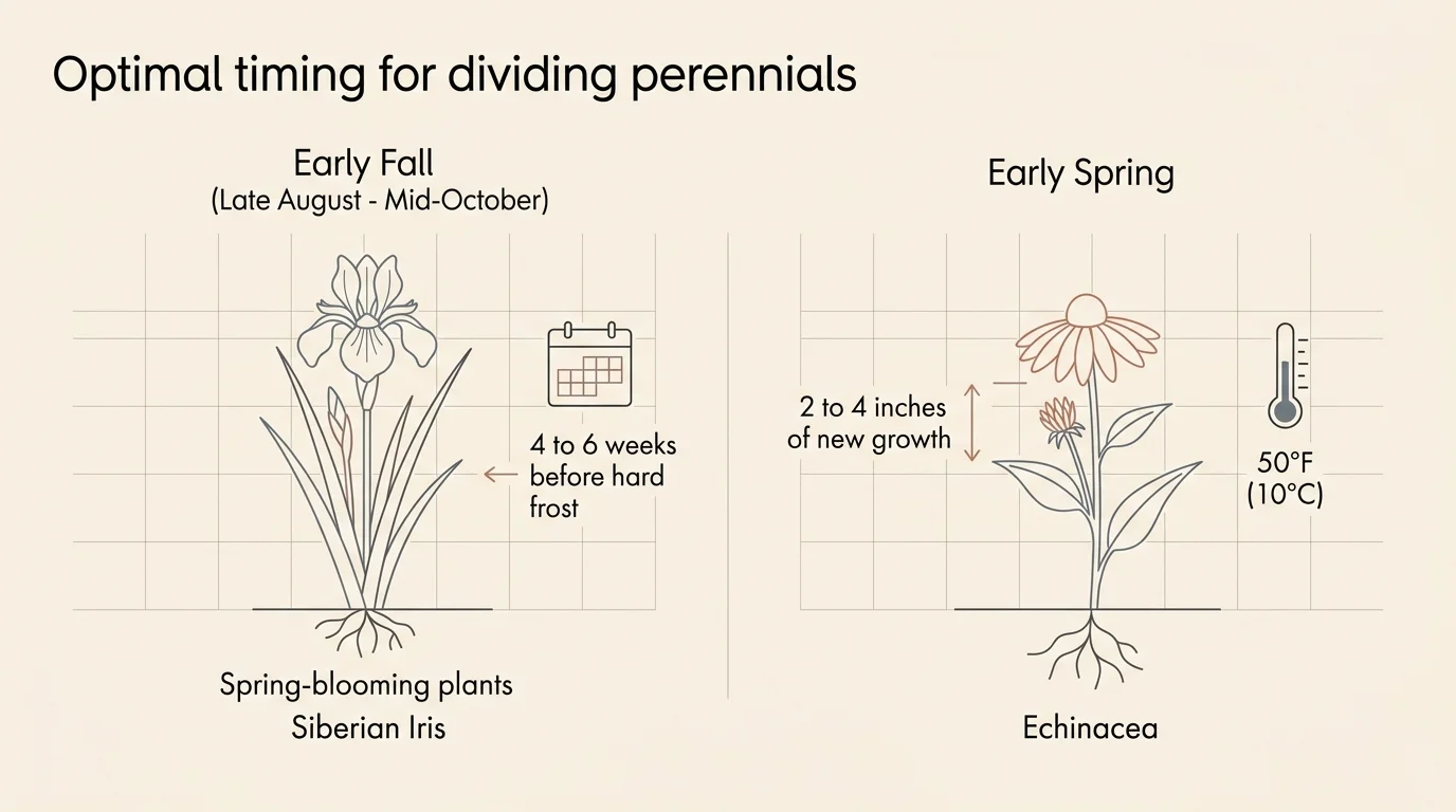 A minimalist horizontal diagram comparing early fall and early spring planting times with specific temperature and timing rules.