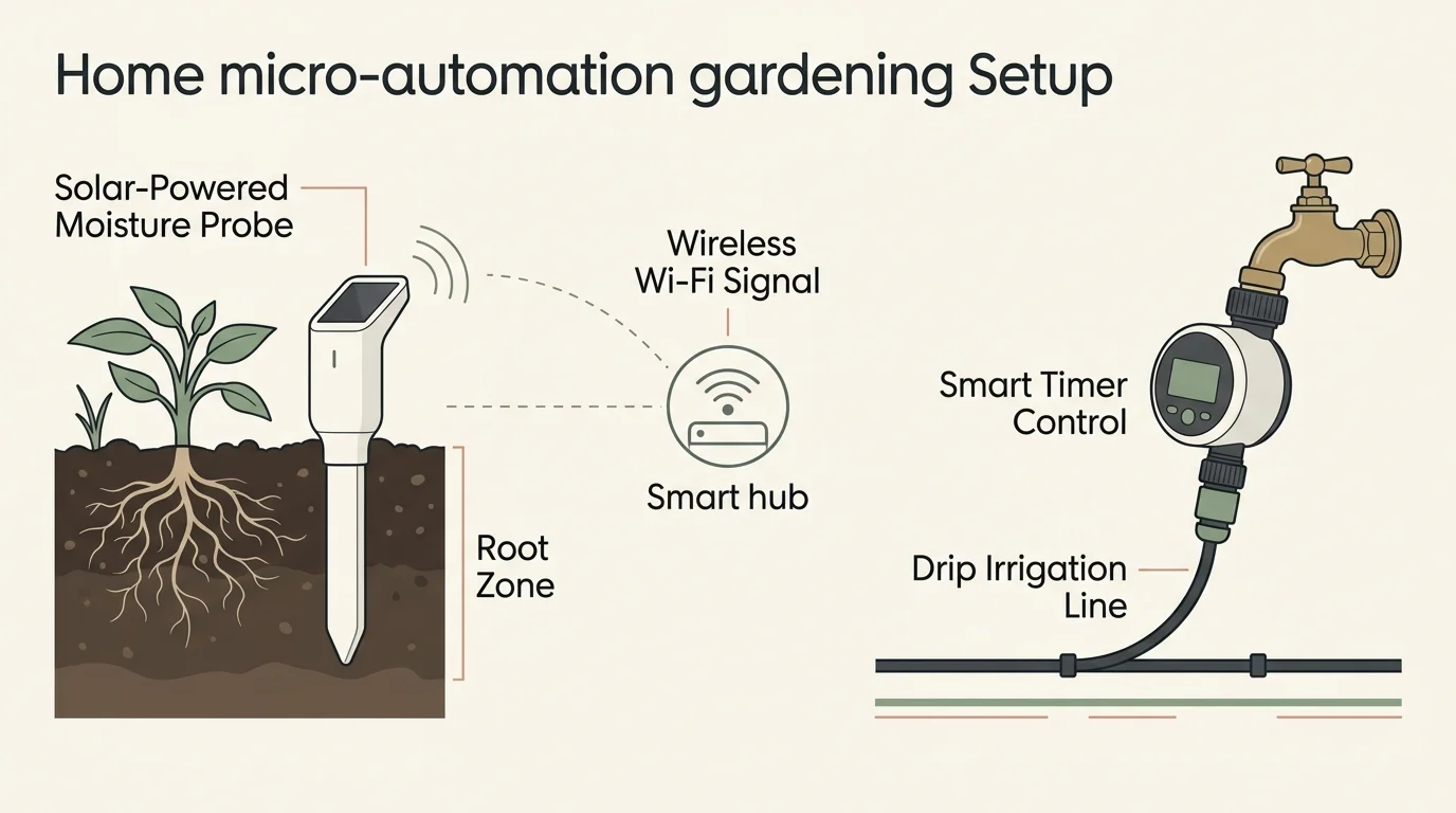 A minimalist horizontal diagram showing a solar-powered moisture probe in the soil communicating wirelessly with a smart irrigation timer.