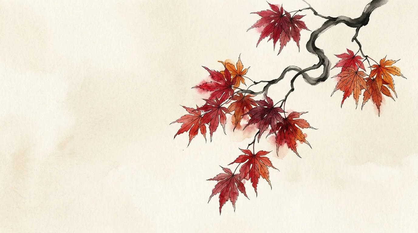 A minimalist watercolor illustration of a crimson Japanese Maple branch with lacy red leaves on a cream background.