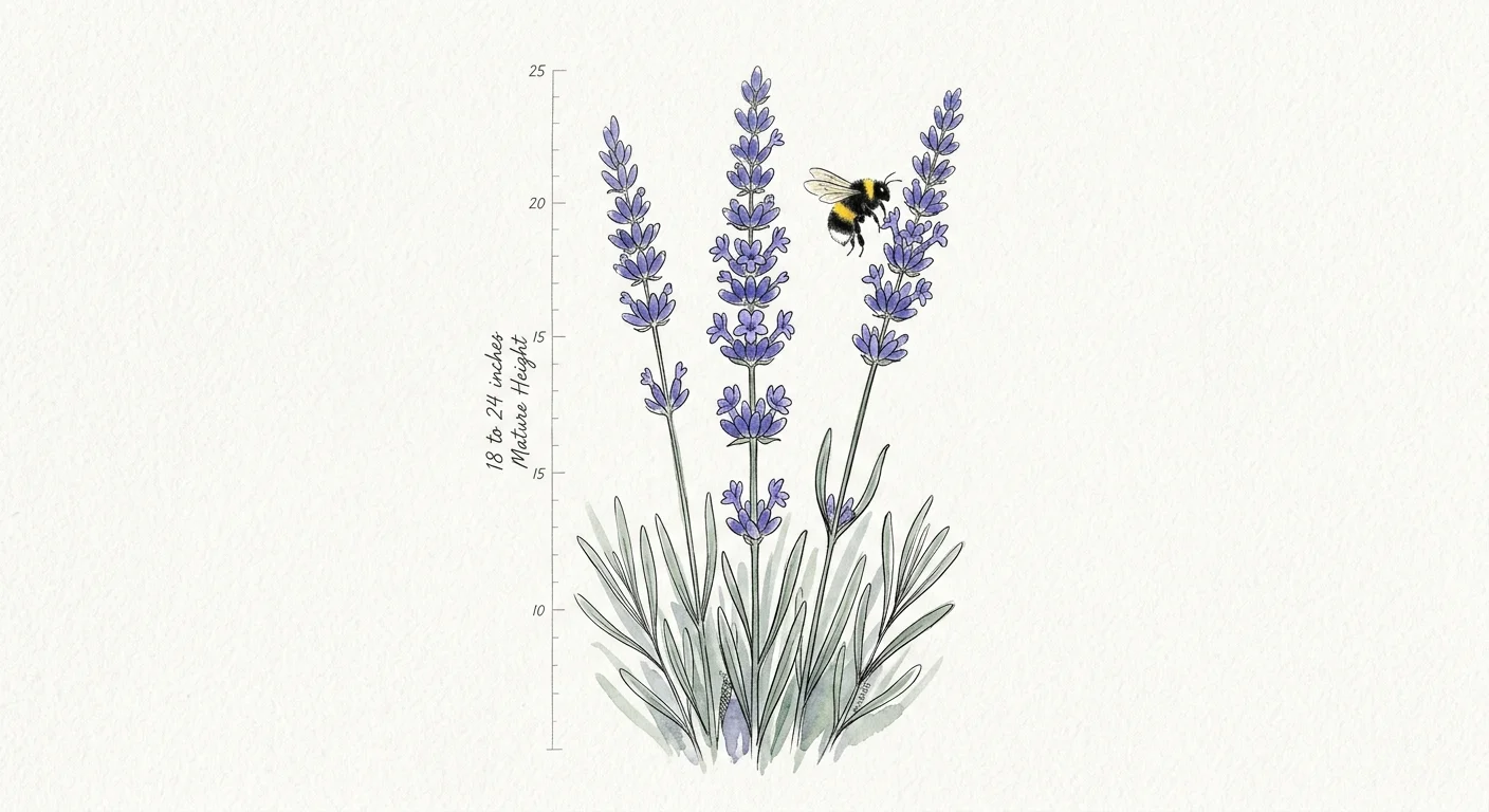 A minimalist watercolor of tall English lavender spikes with a bumblebee and a height guide label indicating 18 to 24 inches.