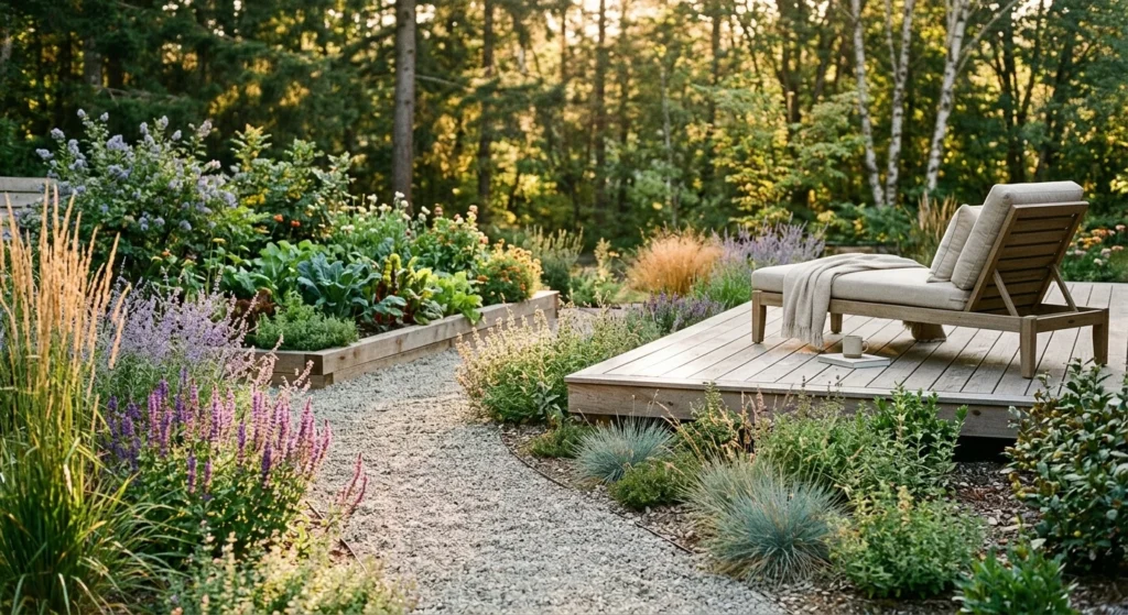 A modern, eco-friendly backyard garden with a gravel path, native purple wildflowers, ornamental grasses, and a wooden deck at golden hour.