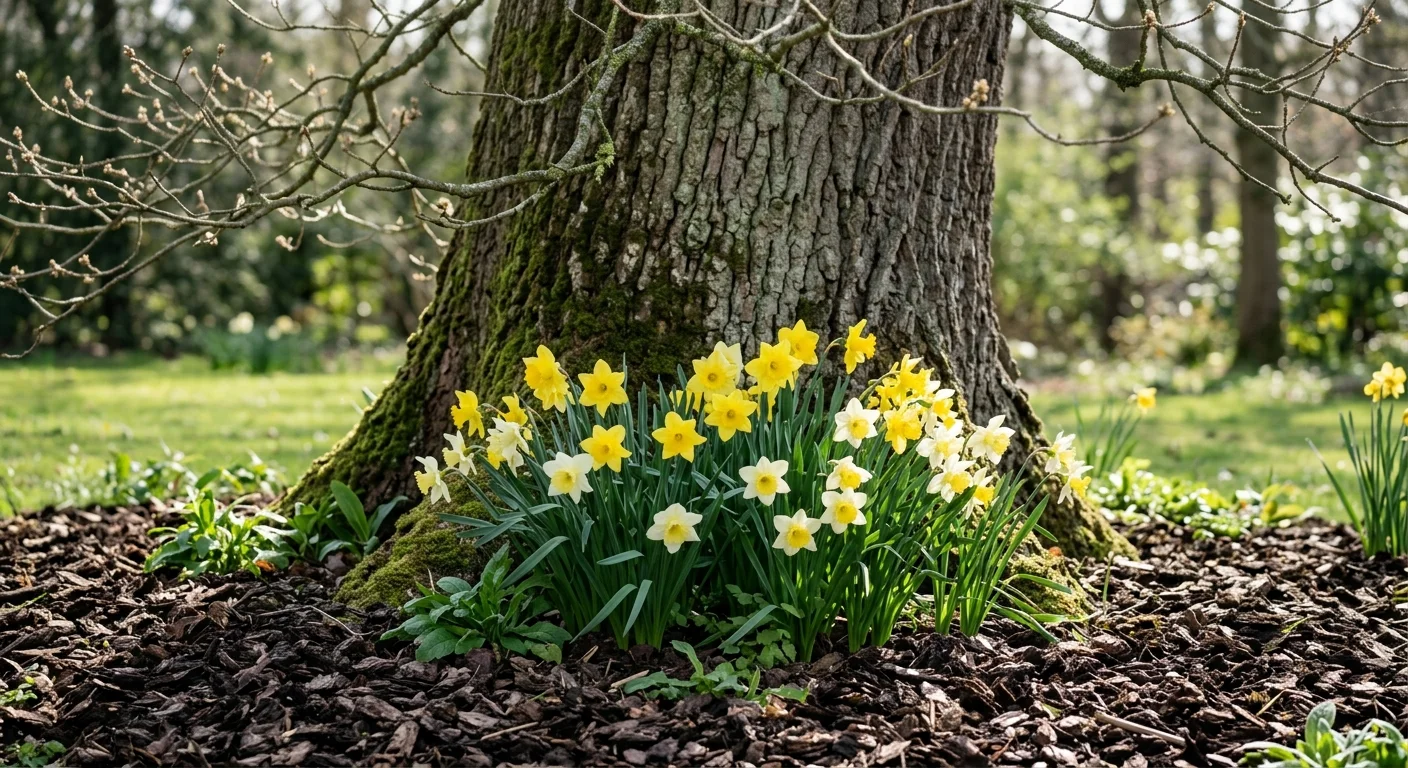 A naturalized cluster of bright yellow and white daffodils blooming in fresh bark mulch at the base of an old oak tree.