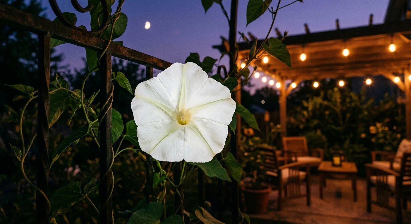 A nocturnal film-style photo of a large white moonflower blooming at dusk, with warm string lights glowing on a patio in the background.