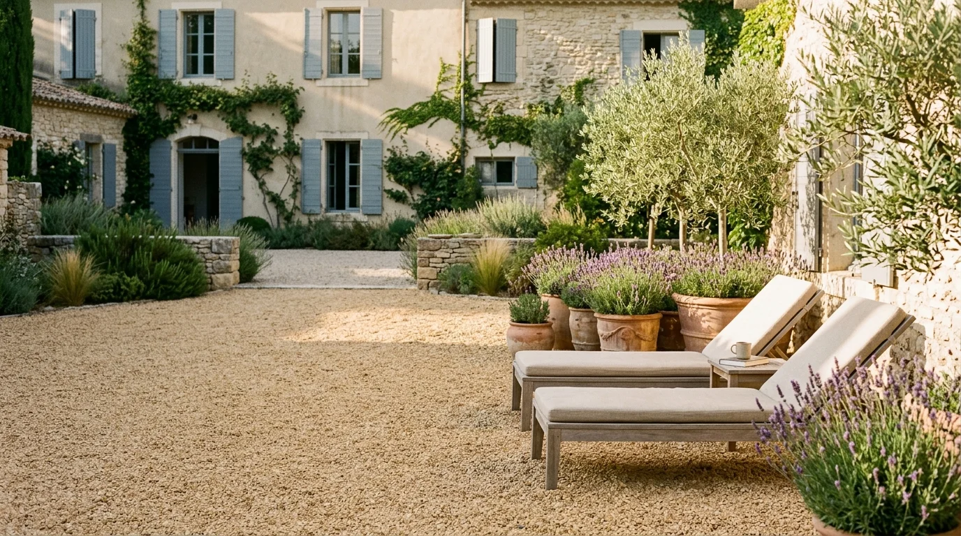 Pea gravel courtyard outside a stone villa with two wooden lounge chairs, potted lavender, and olive trees.