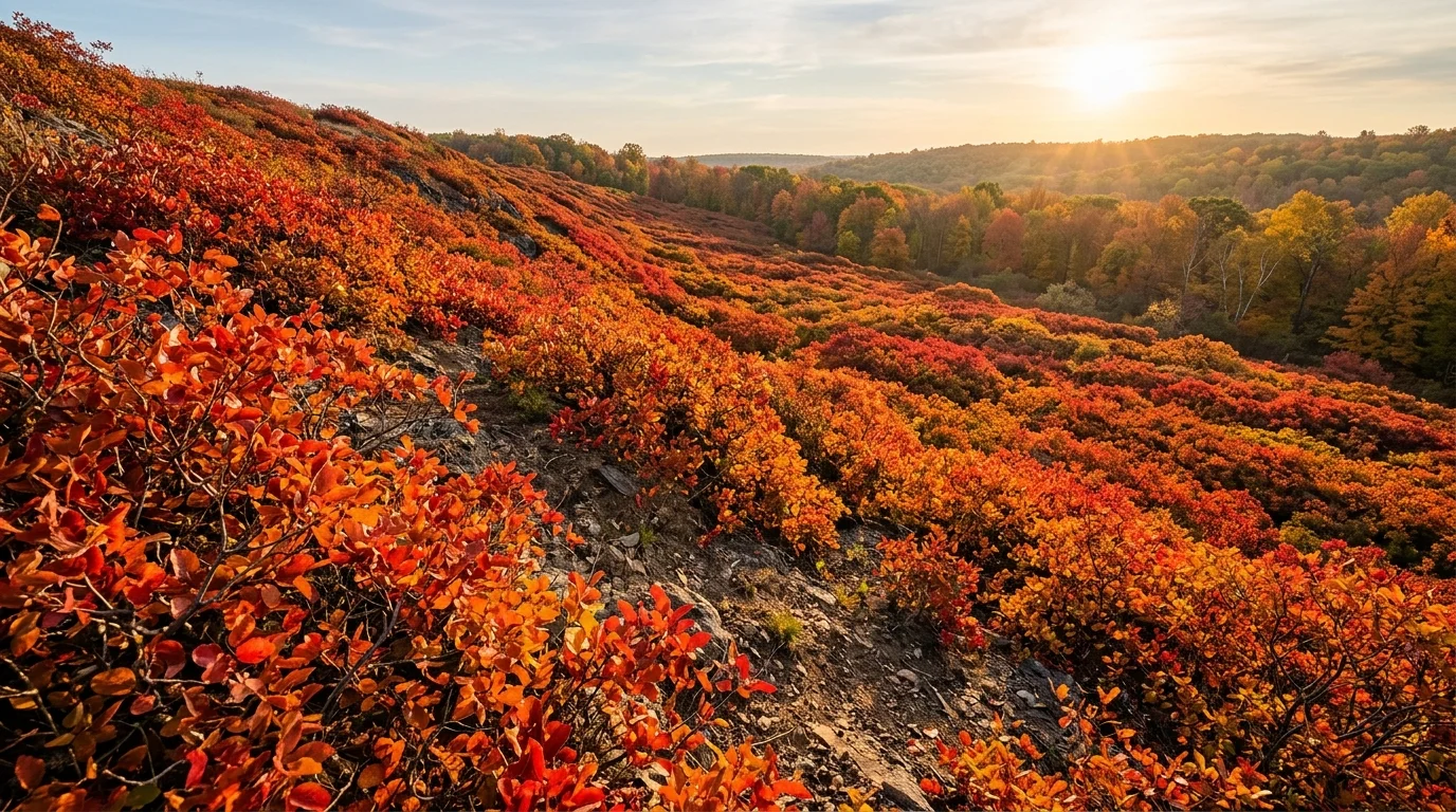 A photograph of a steep hillside covered in the brilliant red and orange autumn foliage of Gro-Low Fragrant Sumac under morning sun.