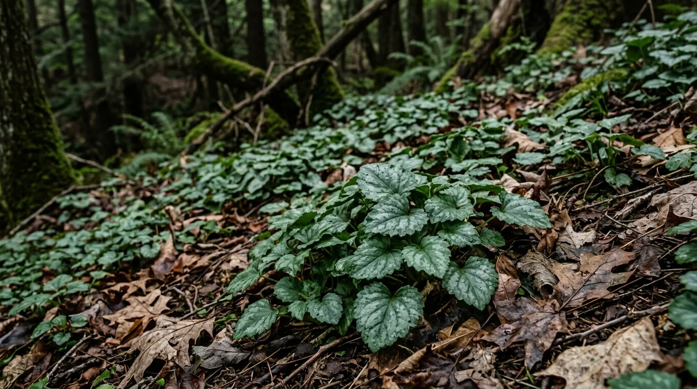 A photograph of Allegheny Spurge growing in dappled shade on a forest slope, with matte, silver-green mottled leaves.