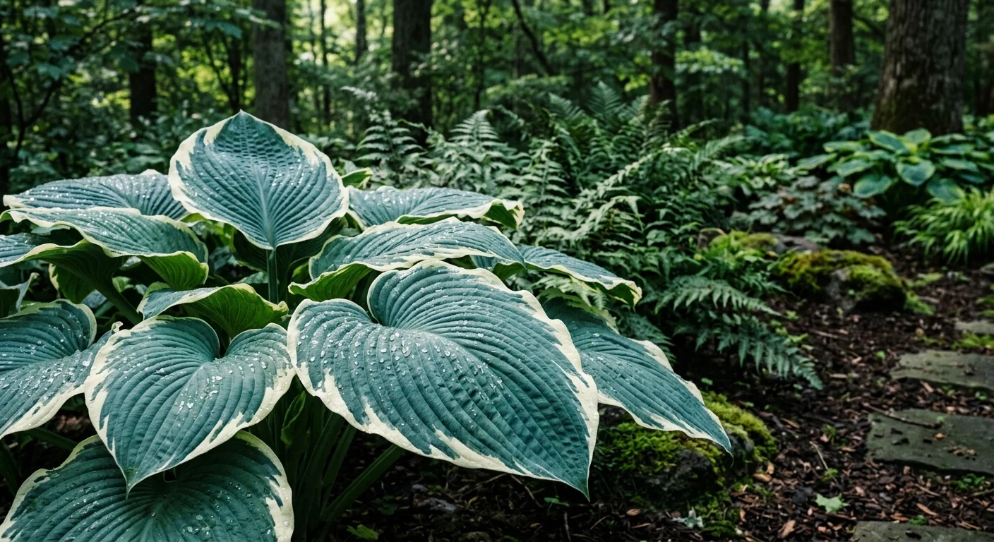 A photograph of large, dew-covered variegated hosta leaves in a cool, shaded woodland garden corner.