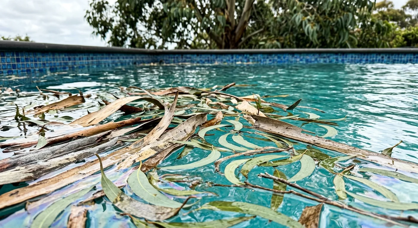 A photograph of peeling eucalyptus bark and blue-green leaves floating on pool water, showing an oily sheen on the surface.