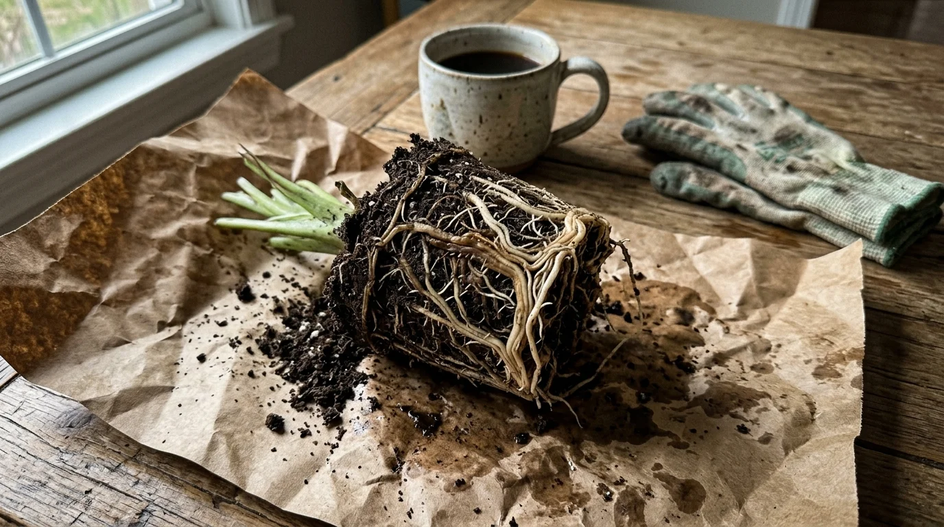 A plant's root ball resting on brown paper on a table, showing a mix of healthy white roots and dark, wet soil.