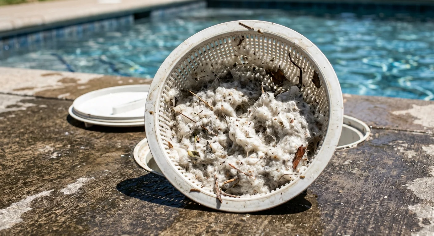 A plastic pool skimmer basket filled and clogged with a thick, wet mass of fluffy white cottonwood seeds.