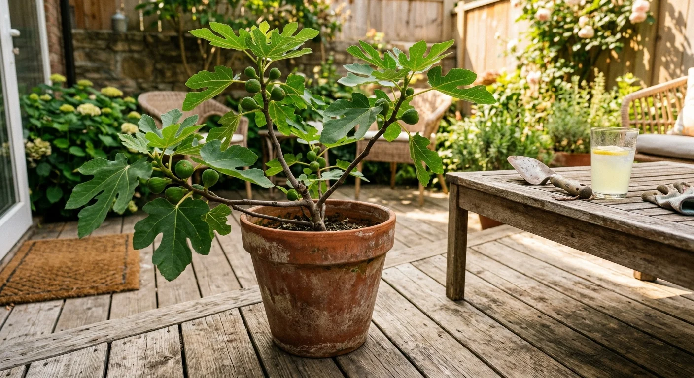 A potted fig tree with large lobed leaves growing in a terracotta pot on a sunny backyard wooden patio.