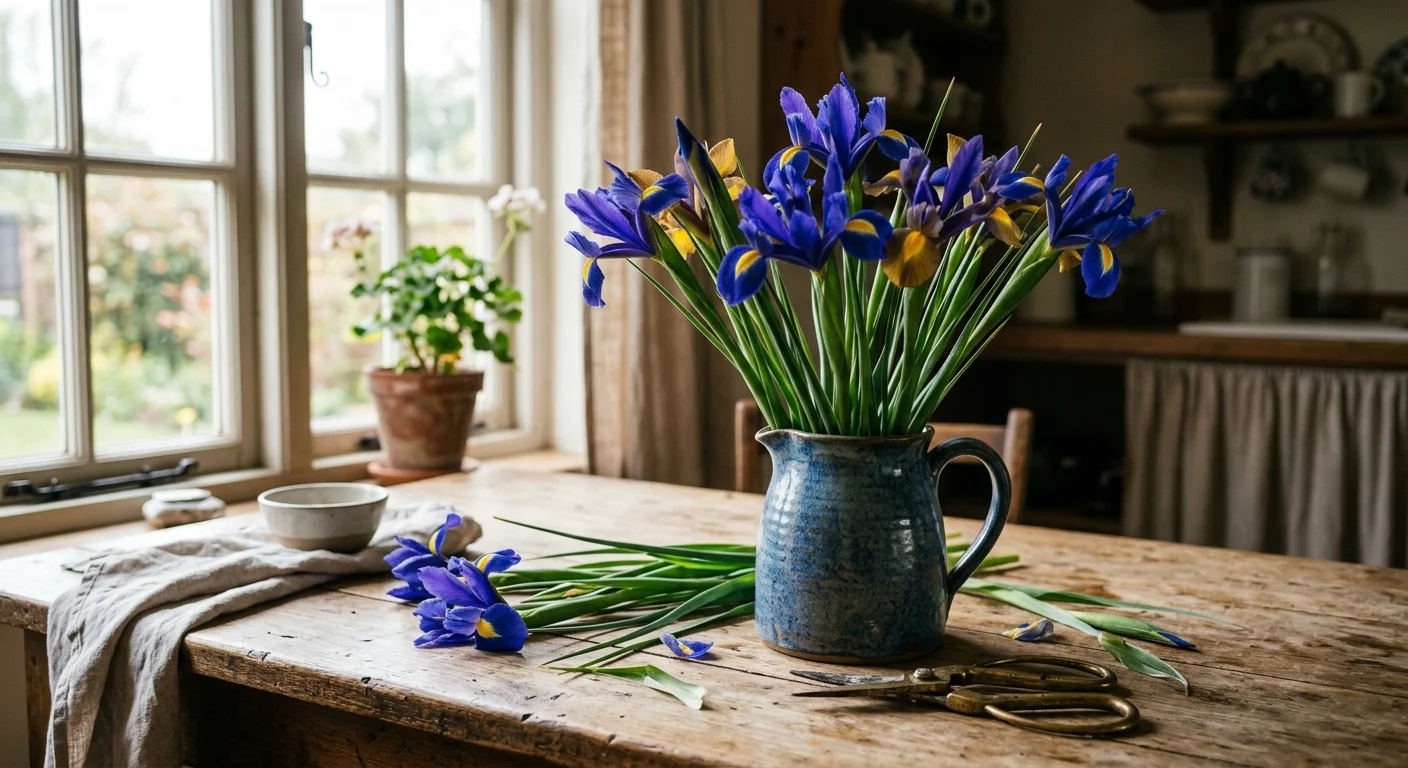 A rustic ceramic pitcher of freshly cut blue and yellow Dutch Irises on a wooden table next to garden shears.