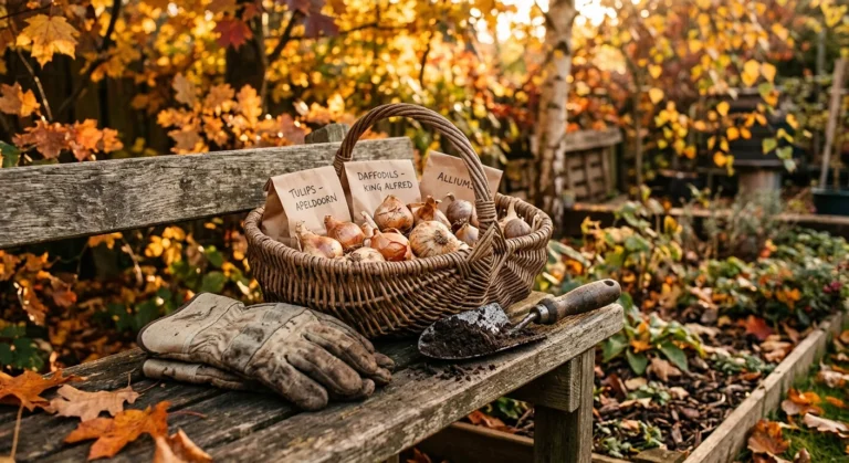 A rustic garden bench with a basket of spring flower bulbs, gardening gloves, and a trowel in warm autumn sunlight.